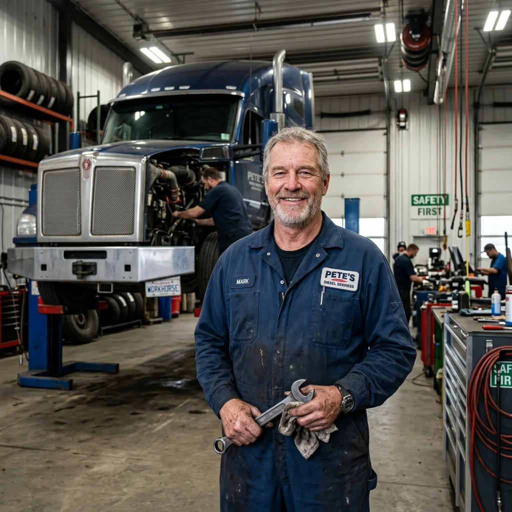 Mechanic working on heavy duty truck engine in London ON